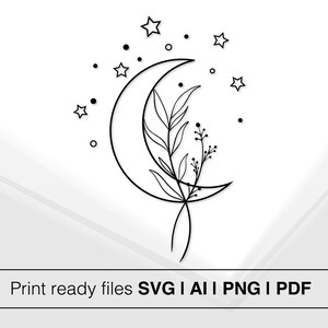 Minimalistisches Mond Design | Botanische Illustration | Himmlische Dekor | Schwarzweiße Kunst | Druckbare Wandkunst | Sofortdownload