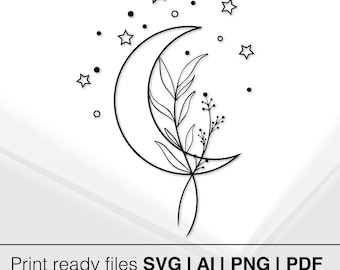 Minimalist Moon Design | Botanical Illustration | Celestial Decor | Black And White Art | Printable Wall Art | Instant Download