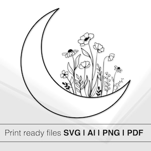 Halbmond und Blumen Design | Botanische Illustration | Blumen SVG-Datei | Druckbare Wandkunst | Mond und Blumen Kunst | Wohnkultur