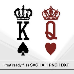 Archivos de corte SVG de rey y reina / Descarga instantánea / Plantilla de naipes / Rey de espadas / Clipart de reina de corazones