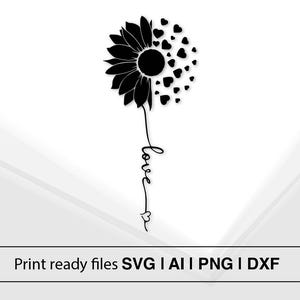 Diseño de pétalos de corazón de girasol / Flor de amor SVG / Arte en blanco y negro / Descarga instantánea / Regalo romántico / Decoración de bodas