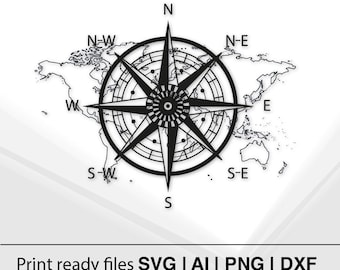 Conception de boussole | Téléchargement instantané | Décoration nautique | Art imprimable | Boussole SVG | Décor d'aventure | Design noir et blanc