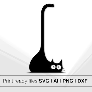 Può includere: Silhouette nera di un gatto con una lunga coda, che spunta da dietro una superficie. Il gatto ha grandi occhi rotondi.