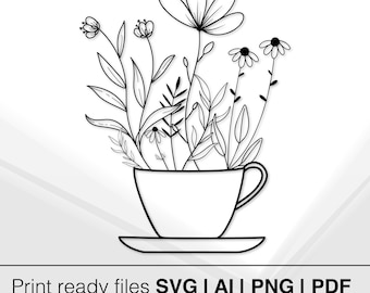 Minimalist Floral Illustration | Tea Cup With Flowers | Instant Download | Printable Art | Botanical Design | Home Decor | Wall Art