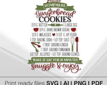 Homemade Gingerbread Cookies Recipe SVG | Instant Download | Holiday Christmas Cricut Craft for Baking Decor | Kitchen Quotes Svg