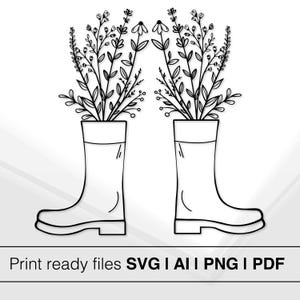 Botanical Art | Floral Rain Boots Illustration | Black And White Art | Printable Wall Art | Rubber Boots Design | Instant Download