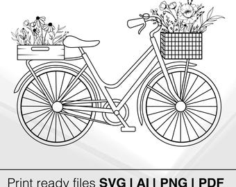 Vintage Bicycle With Flowers | Bicycle Illustration | Floral Bike Clipart | Printable Art | Bicycle SVG | Home Decor | Craft Supplies