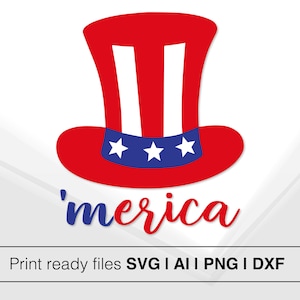 May include: A red, white and blue Uncle Sam hat with three white stars on a blue band. The text 'merica is written in blue below the hat.