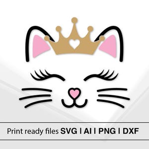 Ontwerp koninklijk kattengezicht met kroon | Direct downloaden | Schattige dieren clipart | Kattenbakkebaarden en hartneus | Kawaii kattenontwerp SVG