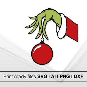 Mão do Grinch SVG | Rosto do Grinch Svg | Rosto e mão do Grinch com enfeite | Silhueta do Rosto do Grinch | Rosto do Grinch de Natal