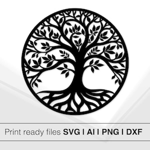 Op de afbeelding: Zwart-witte silhouet van een levensboom met ingewikkelde takken en wortels, die een cirkel vormen. De boom is gestileerd met een ronde vorm en een gedetailleerd ontwerp.