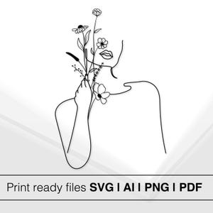Arte minimalista lineare / Figura di donna floreale / Arte murale moderna / Download immediato / Disegno lineare elegante / Decorazione per la casa / Silhouette di donna