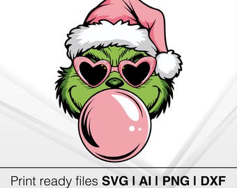 Grinch Bubblegum SVG | Cool Christmas Grinch Face with Heart Sunglasses | Fun Holiday Decoration Vector | Christmas Grinch Design