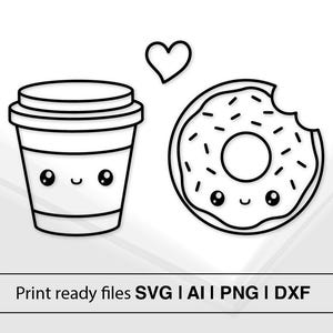 Kawaii Food SVG / Design carino di caffè e ciambelle / Download immediato / Abbinamento perfetto SVG / PNG per amanti del caffè