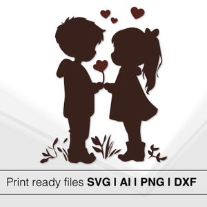 Silueta romántica de niño y niña / Descarga instantánea / Archivo de corte del día de San Valentín / Flor de corazón / Amor de niños