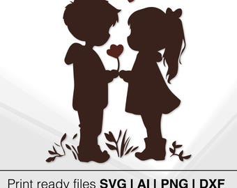 Romantic Silhouette Of Boy And Girl | Instant Download | Valentine&#39;s Day Cut File | Heart Flower | Kids Love