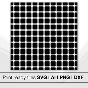 May include: A black and white optical illusion image with a grid of white circles on a black background. The circles appear to be gray when they are at the intersection of the grid lines.