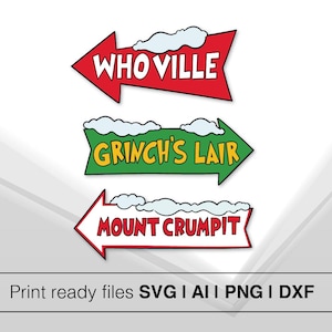 方向矢印バンドル Whoville ストリート サイン | 即時ダウンロード | 道路標識デザイン | Grinch SVG | Whoville ホリデー サインへようこそ