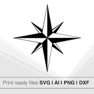 Könnte beinhalten: Schwarz-weiß Kompassrose-Design. Das Bild zeigt einen symmetrischen achtspitzigen Stern mit abwechselnd schwarzen und weißen Segmenten. Der Text "Print ready files SVG I AI I PNG I DXF" befindet sich unten.