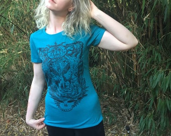 Women's Psychedelic Grateful Dead Fairy Shirt on Teal FREE SHIPPING