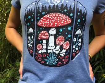 Womens Mushroom Moon Shirt FREE SHIPPING Blue-Triblend Bella brand