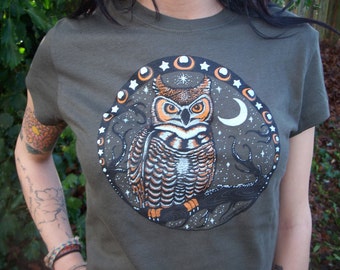 Womens OWL Shirt on Olive FREE SHIPPING Bella Brand