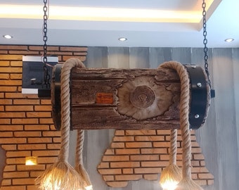 Wood Log Look Rustic Chandelier With Chain and Rope (Produced by coating ceramic adhesive mortar on styrofoam)