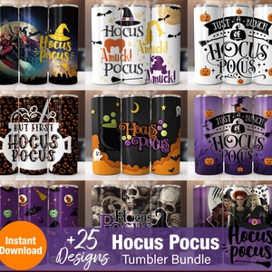 Peut inclure: Un ensemble de 25 designs de gobelets sur le thème de Hocus Pocus. Les designs présentent diverses images et textes liés au film d'Halloween populaire, notamment les sœurs Sanderson, un chaudron et la phrase "Hocus Pocus".