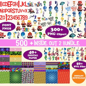 Puede incluir: Un paquete de descarga digital con más de 500 gráficos con temática de Inside Out, incluyendo más de 300 imágenes de clipart PNG, más de 40 papeles digitales y más de 50 archivos SVG. Los gráficos presentan a los personajes de la película, incluyendo Alegría, Tristeza, Ira, Miedo y Asco. El texto "500+ Inside Out 2 Bundle" se muestra en letras rosas sobre un fondo rosa.