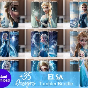 Pode incluir: Uma coleção de canecas cilíndricas com vários designs da Elsa do filme Frozen. As canecas mostram Elsa em diferentes poses, com fundos de neve e a palavra "Frozen". A imagem também inclui o texto "+35 Designs Elsa Tumbler Bundle" e "Instant Download".