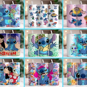 Puede incluir: Colecci&oacute;n de nueve vasos de acero inoxidable con dise&ntilde;os del personaje animado Stitch. Los vasos muestran a Stitch en varias poses y entornos, con colores vibrantes y fondos florales. Cada vaso incluye una pajita.