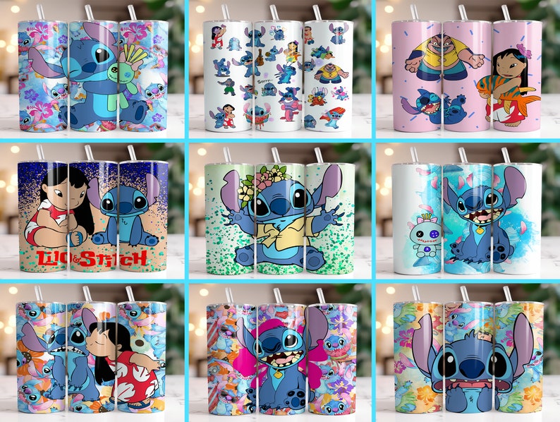 Puede incluir: Colecci&oacute;n de nueve vasos de acero inoxidable con dise&ntilde;os del personaje animado Stitch. Los vasos muestran a Stitch en varias poses y entornos, con colores vibrantes y fondos florales. Cada vaso incluye una pajita.