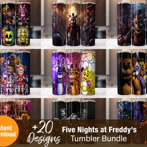 Puede incluir: Un conjunto de más de 20 diseños digitales con personajes de la serie de videojuegos Five Nights at Freddy's. Los diseños son perfectos para crear vasos personalizados, tazas y otras mercancías.