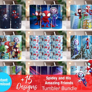 May include: A bundle of 15 tumbler designs featuring Spider-Man and his friends. The designs include various characters, patterns, and backgrounds. The text "Spidey and His Amazing Friends Tumbler Bundle" is displayed on the image.