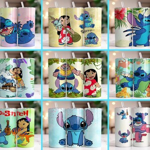 Puede incluir: Una colecci&oacute;n de nueve vasos de acero inoxidable con dise&ntilde;os del personaje animado Stitch de Lilo & Stitch. Los vasos muestran a Stitch en diferentes poses y escenarios, con colores vibrantes y fondos tropicales. Cada vaso tiene una pajita y una tapa.