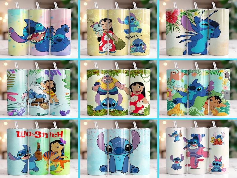Puede incluir: Una colecci&oacute;n de nueve vasos de acero inoxidable con dise&ntilde;os del personaje animado Stitch de Lilo & Stitch. Los vasos muestran a Stitch en diferentes poses y escenarios, con colores vibrantes y fondos tropicales. Cada vaso tiene una pajita y una tapa.