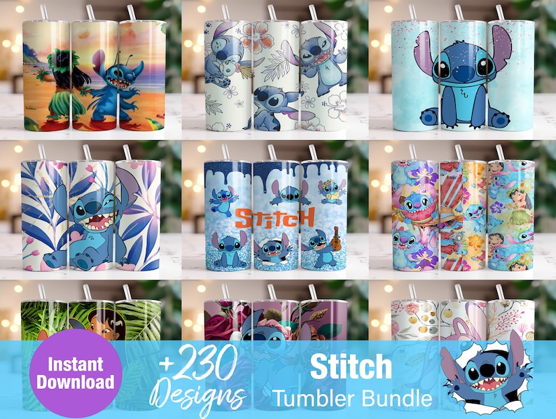 Puede incluir: Una colecci&oacute;n de vasos aislados con dise&ntilde;os de Stitch. Los vasos muestran a Stitch en diferentes escenas, incluyendo entornos tropicales y patrones florales. La imagen tambi&eacute;n incluye texto que dice "Instant Download" y "+230 Designs Stitch Tumbler Bundle."