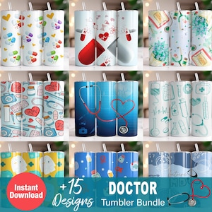 Puede incluir: Un conjunto de 15 diseños de vasos temáticos de médico. Los vasos presentan varios símbolos médicos, incluidos estetoscopios, píldoras y vendas. Los diseños son de varios colores, incluidos el azul, el rojo y el blanco. Los vasos son perfectos para médicos, enfermeras y otros profesionales médicos.