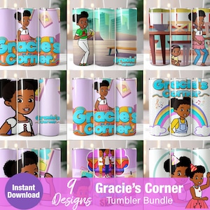 May include: A set of 9 tumbler designs featuring a cartoon character named Gracie. The designs include a variety of scenes, such as Gracie playing outside, cooking in the kitchen, and singing with a rainbow. The text "Gracie's Corner" appears on each design.