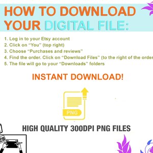 K&ouml;nnte beinhalten: Ein rosa-violettes Blumenmuster auf gelbem Hintergrund. Der Text "HOW TO DOWNLOAD YOUR DIGITAL FILE" ist in Schwarz. Der Text "INSTANT DOWNLOAD!" ist in Gelb. Ein wei&szlig;er Kasten mit dem Text "PNG" befindet sich in der Mitte des Bildes. Der Text "HIGH QUALITY 300DPI PNG FILES" ist in Schwarz.