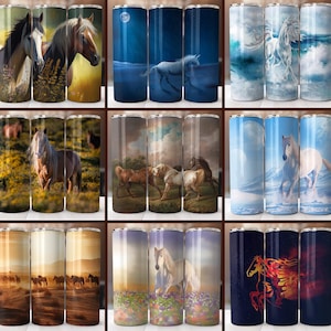 K&ouml;nnte beinhalten: Set mit 12 blanken Edelstahl-Bechern f&uuml;r die Sublimation. Die Becher zeigen verschiedene Designs mit Pferden, Einh&ouml;rnern und anderen Fantasiewesen. Die Becher sind perfekt, um Ihre eigenen Designs hinzuzuf&uuml;gen.