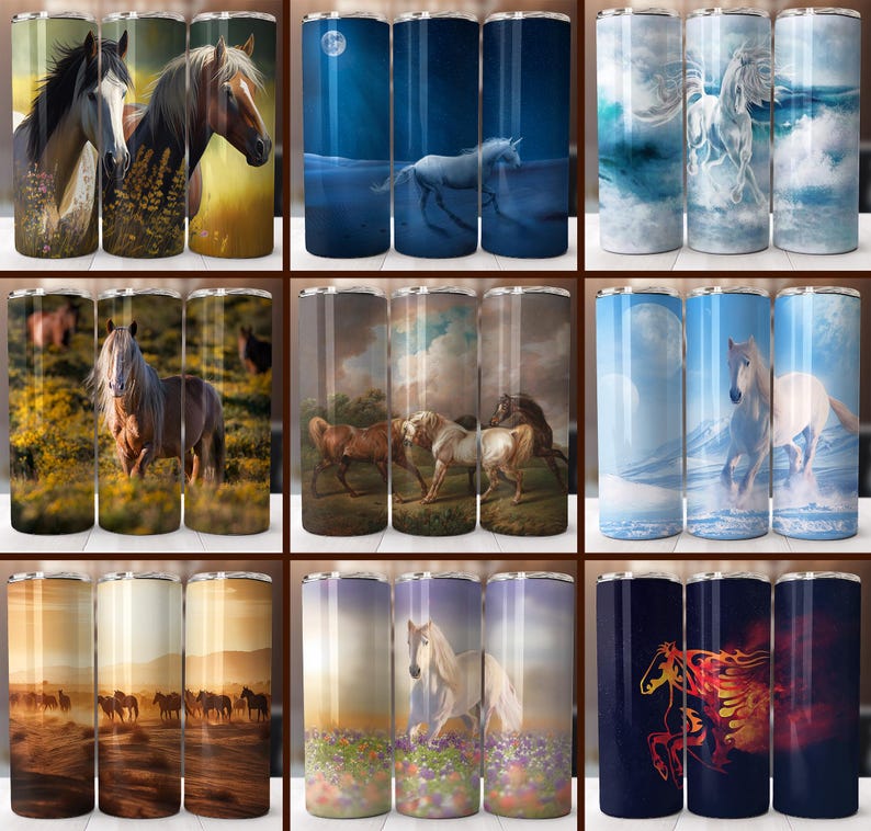 K&ouml;nnte beinhalten: Set mit 12 blanken Edelstahl-Bechern f&uuml;r die Sublimation. Die Becher zeigen verschiedene Designs mit Pferden, Einh&ouml;rnern und anderen Fantasiewesen. Die Becher sind perfekt, um Ihre eigenen Designs hinzuzuf&uuml;gen.