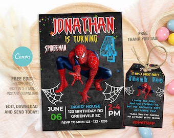 May include: A birthday invitation and thank you tag featuring Spider-Man. The invitation includes the name "Jonathan", the age "4", and event details. The tag says "Thank You" and includes a message. Both have a black background.