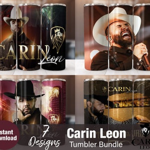 Puede incluir: Un conjunto de siete diseños de vasos con el cantante Carin Leon. Los vasos presentan diferentes imágenes de Carin Leon, incluyendo un primer plano de su rostro, una foto de actuación y un horizonte de la ciudad. Los vasos son todos negros y dorados con el texto "Carin Leon" en ellos.