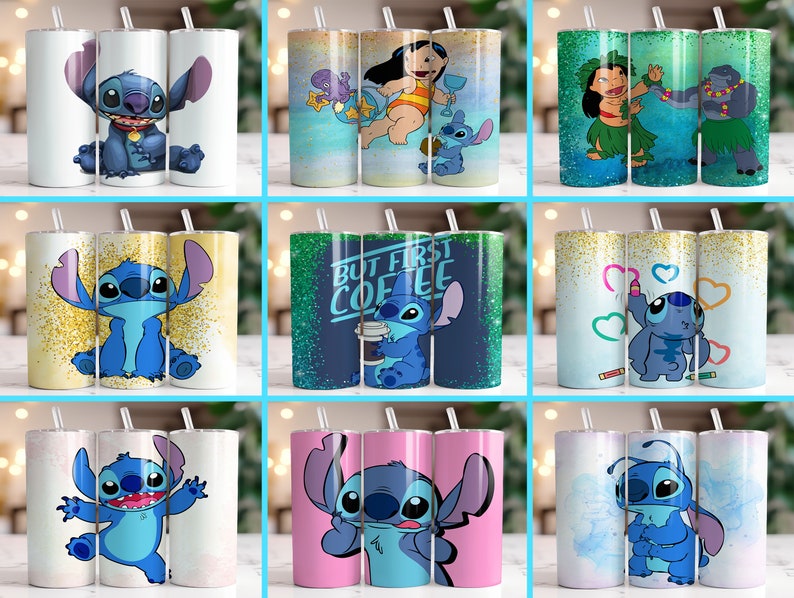 Puede incluir: Colecci&oacute;n de nueve vasos de acero inoxidable con el personaje Stitch de la pel&iacute;cula Lilo & Stitch. Los vasos muestran varios dise&ntilde;os, incluyendo a Stitch con corazones, sosteniendo caf&eacute; y con otros personajes. Cada vaso tiene una pajita.
