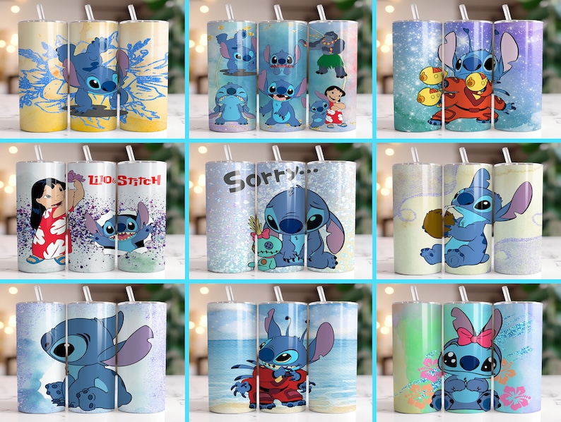 Puede incluir: Nueve vasos de acero inoxidable con el personaje Stitch de la pel&iacute;cula animada Lilo & Stitch. Los vasos muestran a Stitch en varias poses y escenarios, con dise&ntilde;os que incluyen fondos florales, escenas de playa y el texto "Sorry...". Cada vaso tiene una pajita transparente.