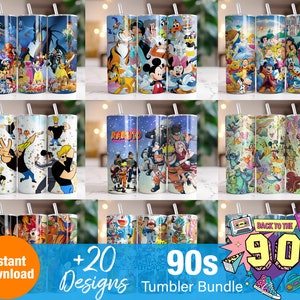 Lot de 20 + des années 90, téléchargement immédiat 20 oz gobelet PNG, conception de wraps, numérique des années 90 dessin animé 20 oz skinny gobelets modèle de conceptions