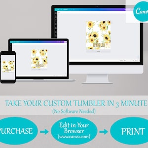 May include: A computer screen displaying a sunflower design with the text "TPADELLA" on a Canva website. The screen is surrounded by a white background with the text "TAKE YOUR CUSTOM TUMBLER IN 3 MINUTE (No Software Needed)" and a graphic showing the steps to purchase, edit, and print a custom tumbler.