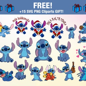 Puede incluir: Una colecci&oacute;n de ilustraciones de un personaje de dibujos animados azul en varias poses. Algunos personajes llevan gorros y trajes de Pap&aacute; Noel, con el texto "mele kalikimaka" encima. La imagen tambi&eacute;n incluye cajas de regalo y el texto "FREE! +15 SVG PNG Cliparts GIFT!"