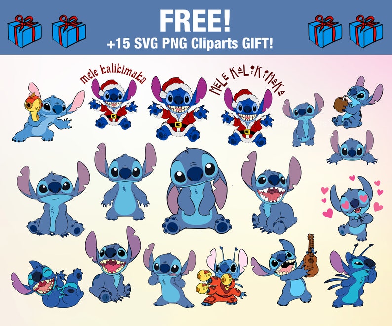 Puede incluir: Una colecci&oacute;n de ilustraciones de un personaje de dibujos animados azul en varias poses. Algunos personajes llevan gorros y trajes de Pap&aacute; Noel, con el texto "mele kalikimaka" encima. La imagen tambi&eacute;n incluye cajas de regalo y el texto "FREE! +15 SVG PNG Cliparts GIFT!"